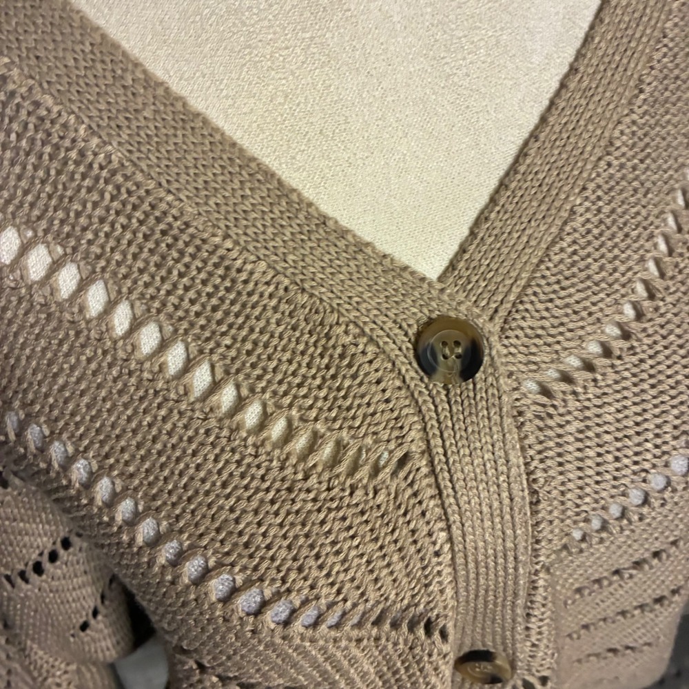 RD Style Womens Tan Pointelle Open‎ Knit Chevron Button Front Cardigan Sweater L - Picture 2 of 6